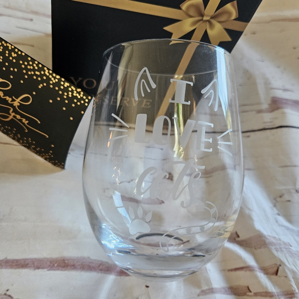 "I Love Cats" Wine Etched Glass Thank You Gift - Picture 2 of 5